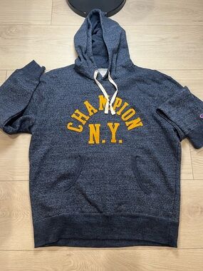 Champion Men's Navy Hoodie with Gold 'Champion N.Y.' Logo size large